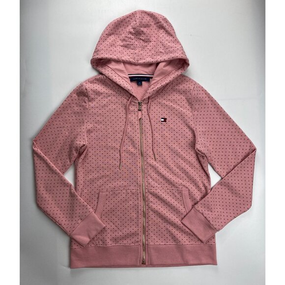 Tommy Hilfiger Women's S Blush with Navy Polka Dots Full Zip Hoodie - Picture 1 of 4